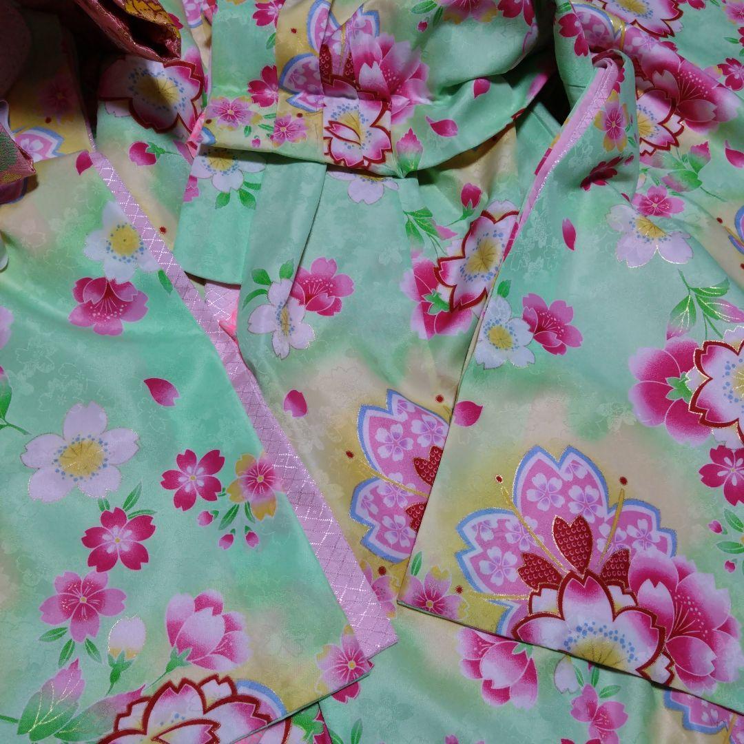 美品★三歳五歳七歳★爽やかな黄緑の花柄着物