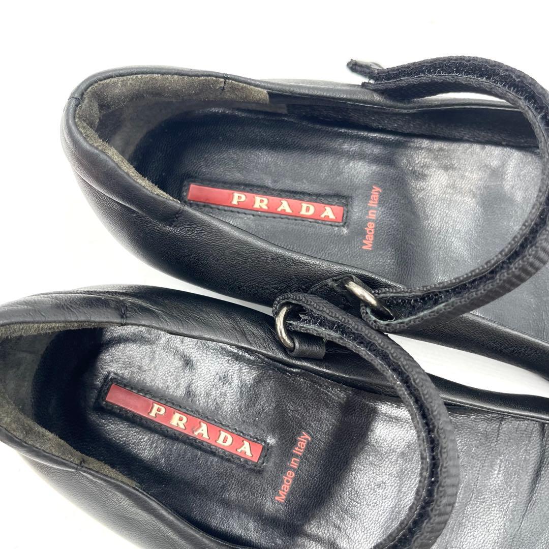 7LS10_美品 プラダ メリージェーン フラットシューズ 黒 ナッパレザー37
