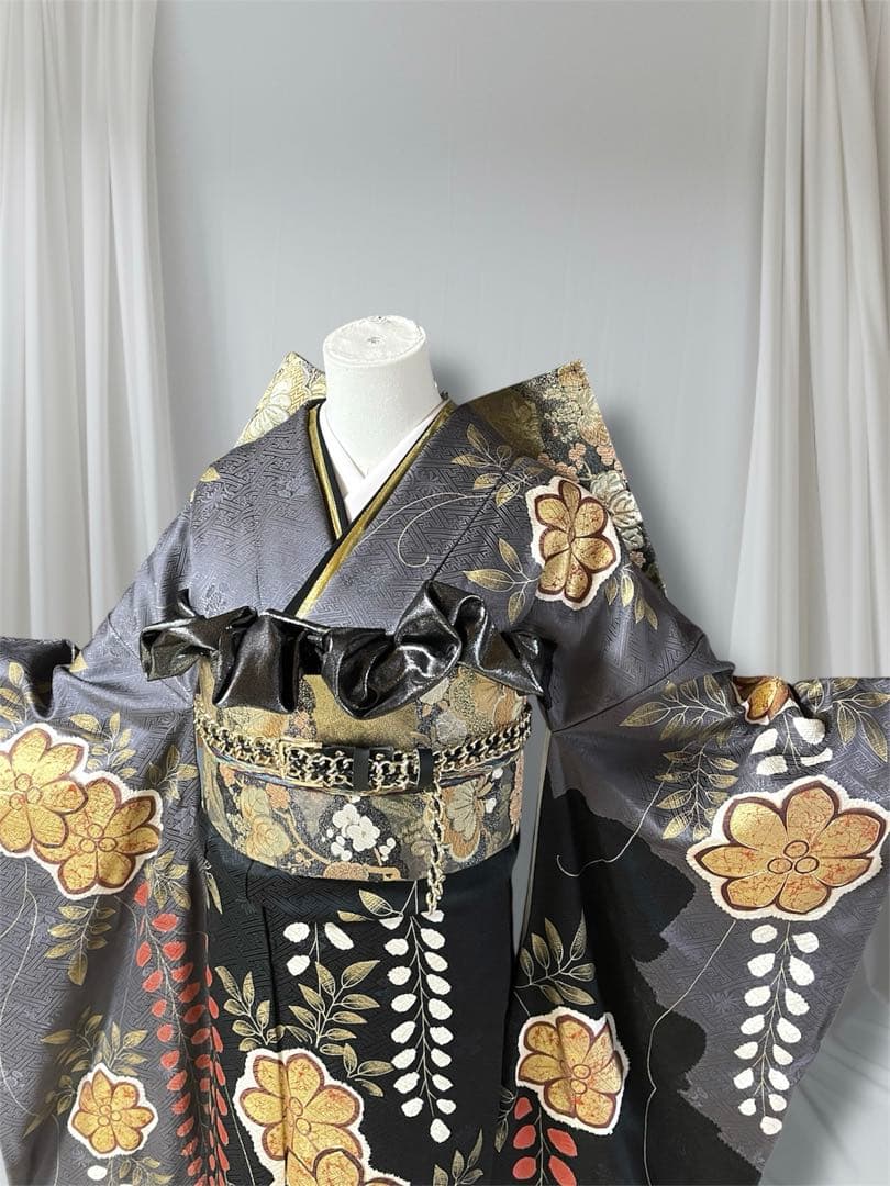 モード黒灰 染め分け グレー ファーショール 振袖 フルセット