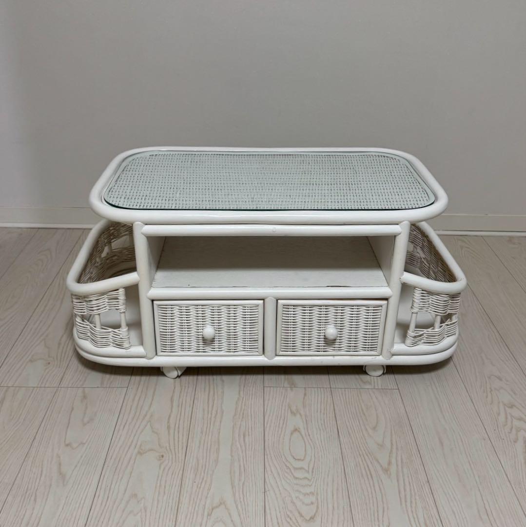 ホワイトラタンアンティークガラスローセンターテーブル