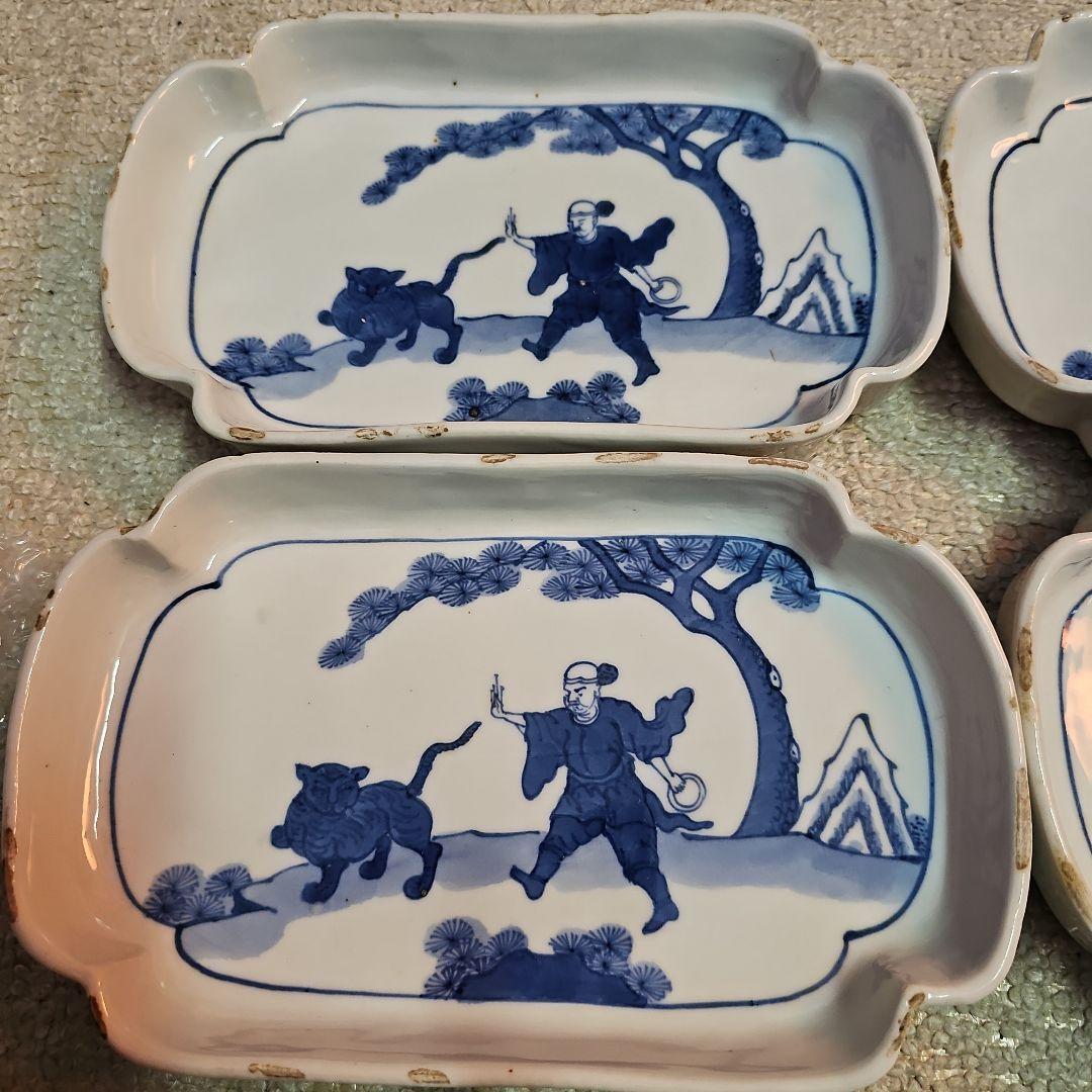 明治 古伊万里？ 京焼？ 古染付け写し 懐石用 虎に人 5客セット＋4客合計9客