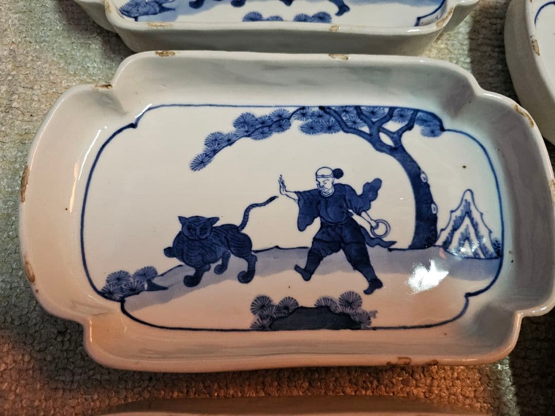 明治 古伊万里？ 京焼？ 古染付け写し 懐石用 虎に人 5客セット＋4客合計9客