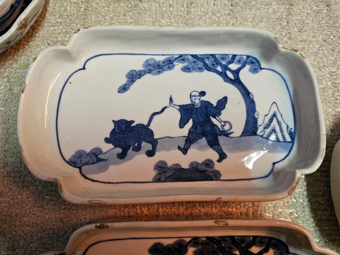 明治 古伊万里？ 京焼？ 古染付け写し 懐石用 虎に人 5客セット＋4客合計9客