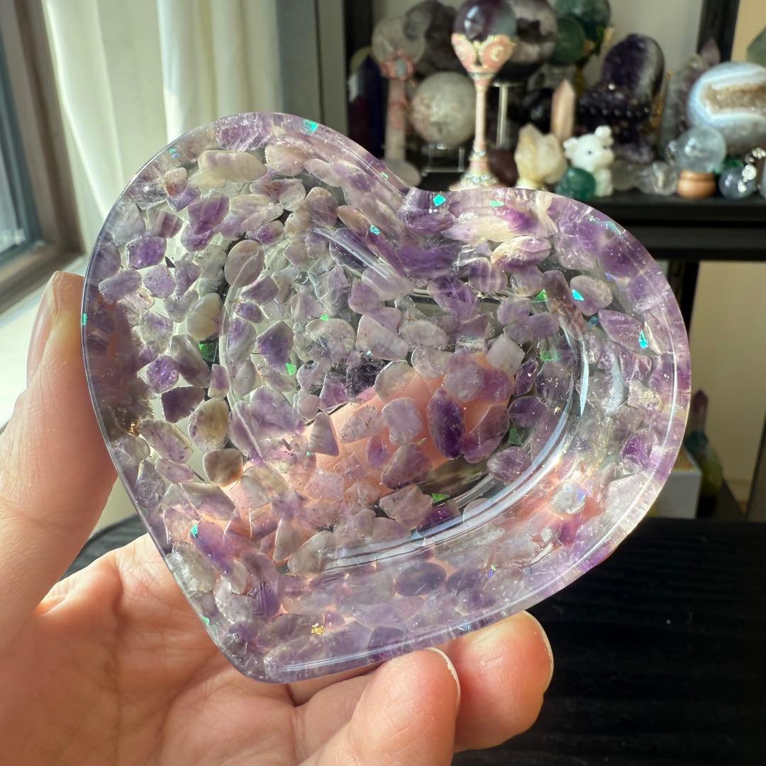 【*tomo*】アメジスト細石のハートお皿　置物NO.012104
