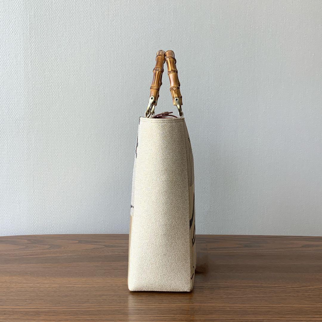 男前な歌舞伎柄の帯　リメイク　バンブーハンドルバッグ　通しマチタイプ