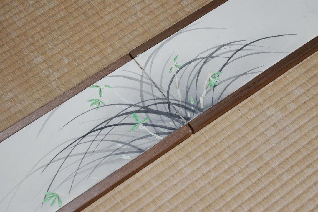 煎茶道具 炉屛 桑製木地 片袖二枚折り 作家物在銘 『蘭図』