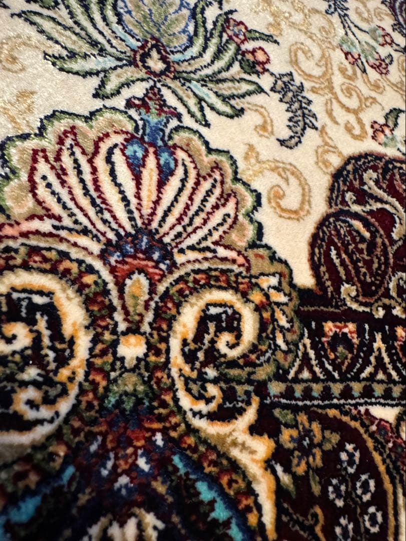 イラン製 ペルシャ絨毯 カシャーン 優雅な艶　高密度 クリーム×バーガンディ