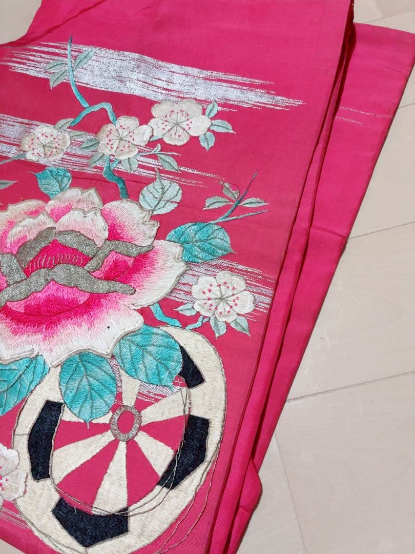 名古屋帯 薔薇　桜　刺繍 ピンク　アンティーク　金駒刺繍