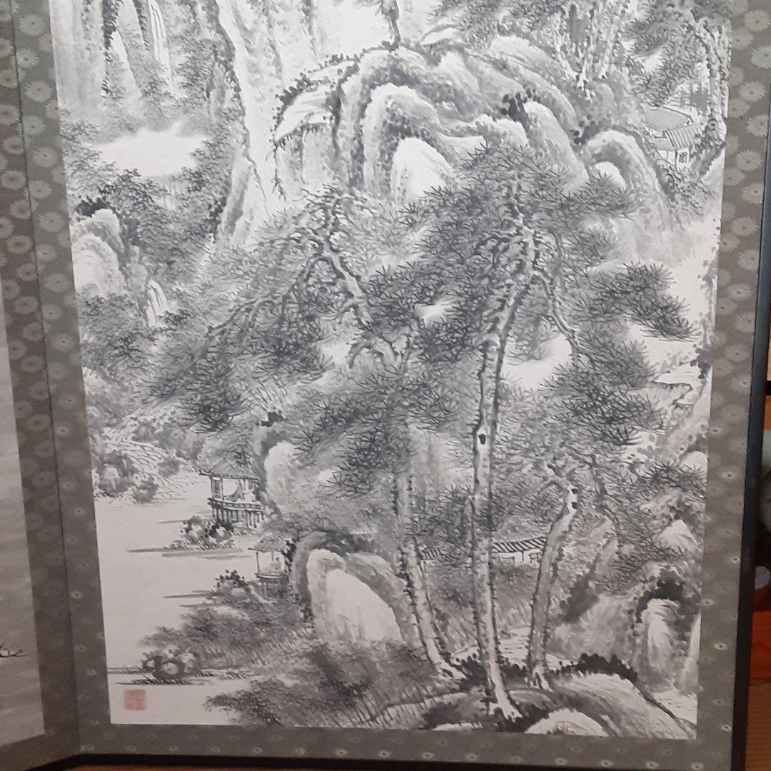 日本画　山水屏風　佐々布篁石 成木蝶哉