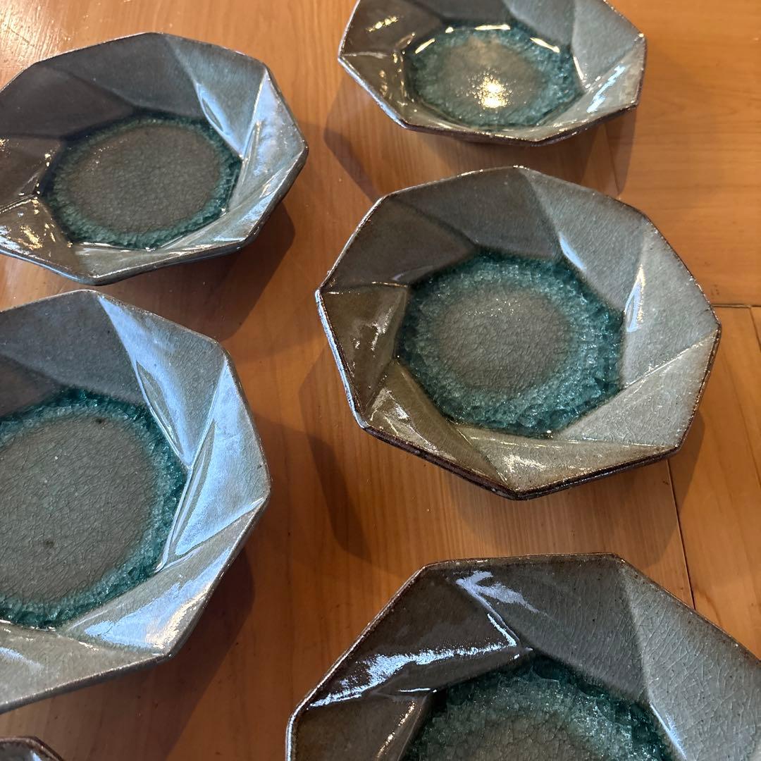 八角形皿　丹波立杭焼　青緑ガラス釉　6枚セット　丹山窯　新品