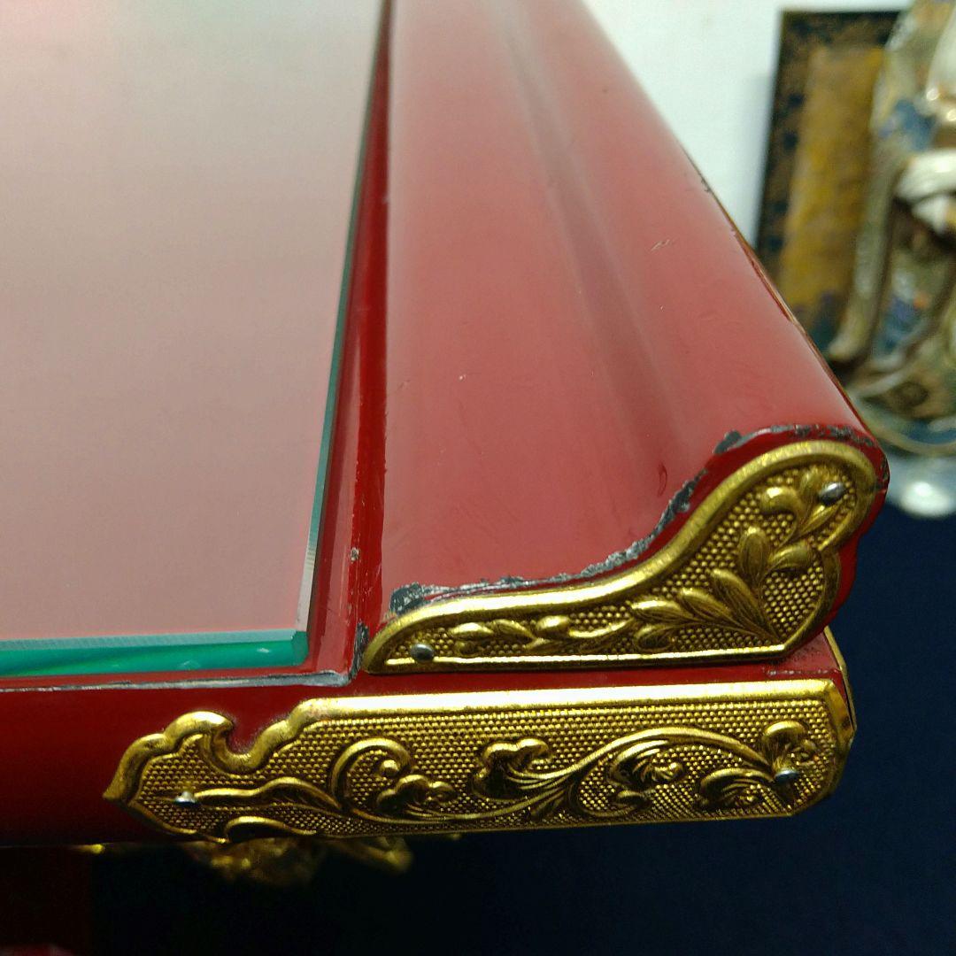 A729 経机 赤塗 朱塗 金箔鍍金 供物台 仏壇前机 木製 天板 ガラス付