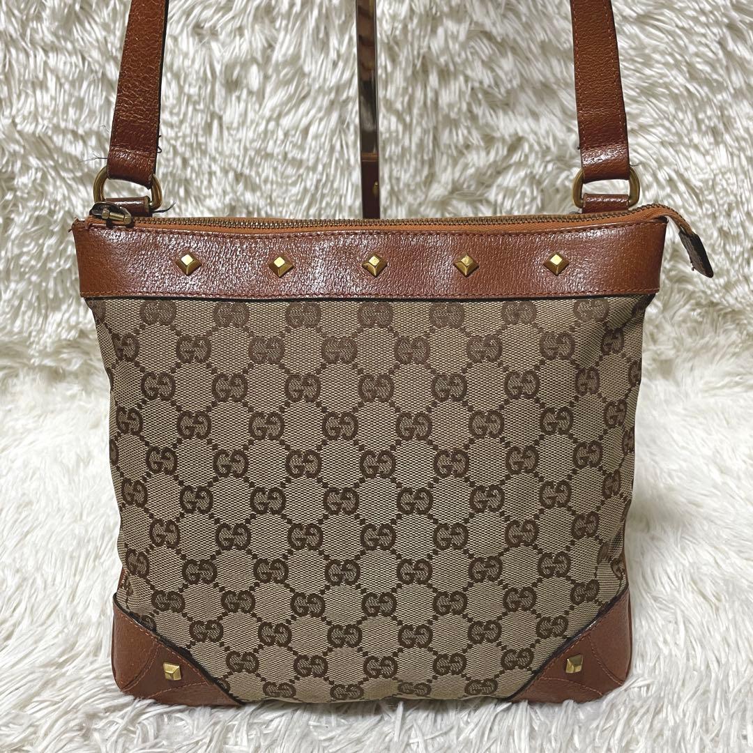 【良品】GUCCI グッチ　ショルダーバッグ　キャンバス　レザー　スタッズ