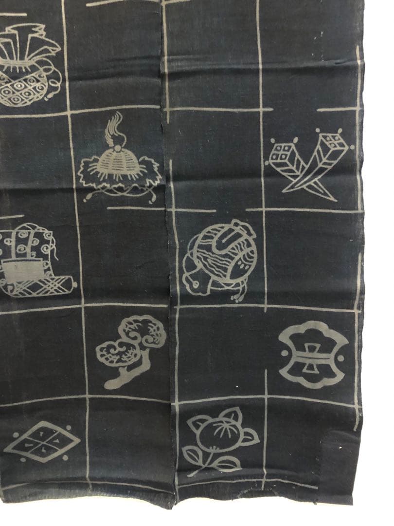 藍染筒描き三巾加賀のれん時代物木綿古布　ソ-217