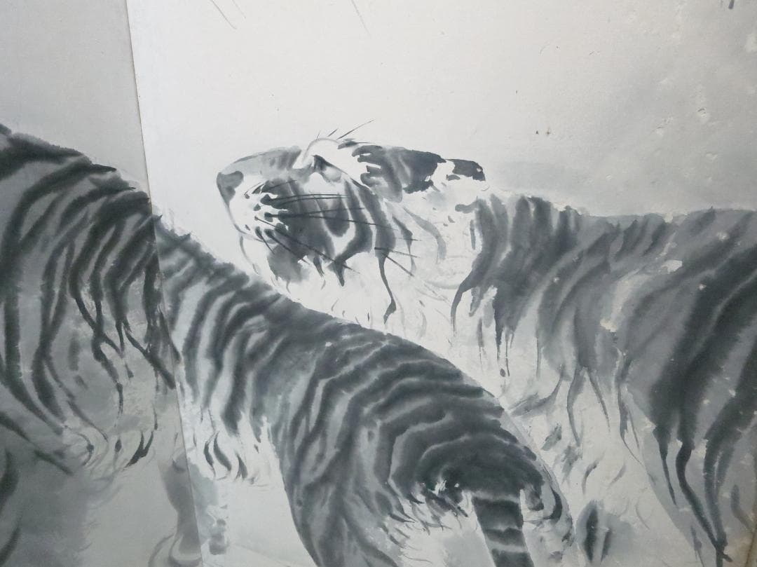 ★最終値　六曲　屛風 水墨画　楊舟 筆　2頭の虎図 古民家蔵出　衝立　間仕切