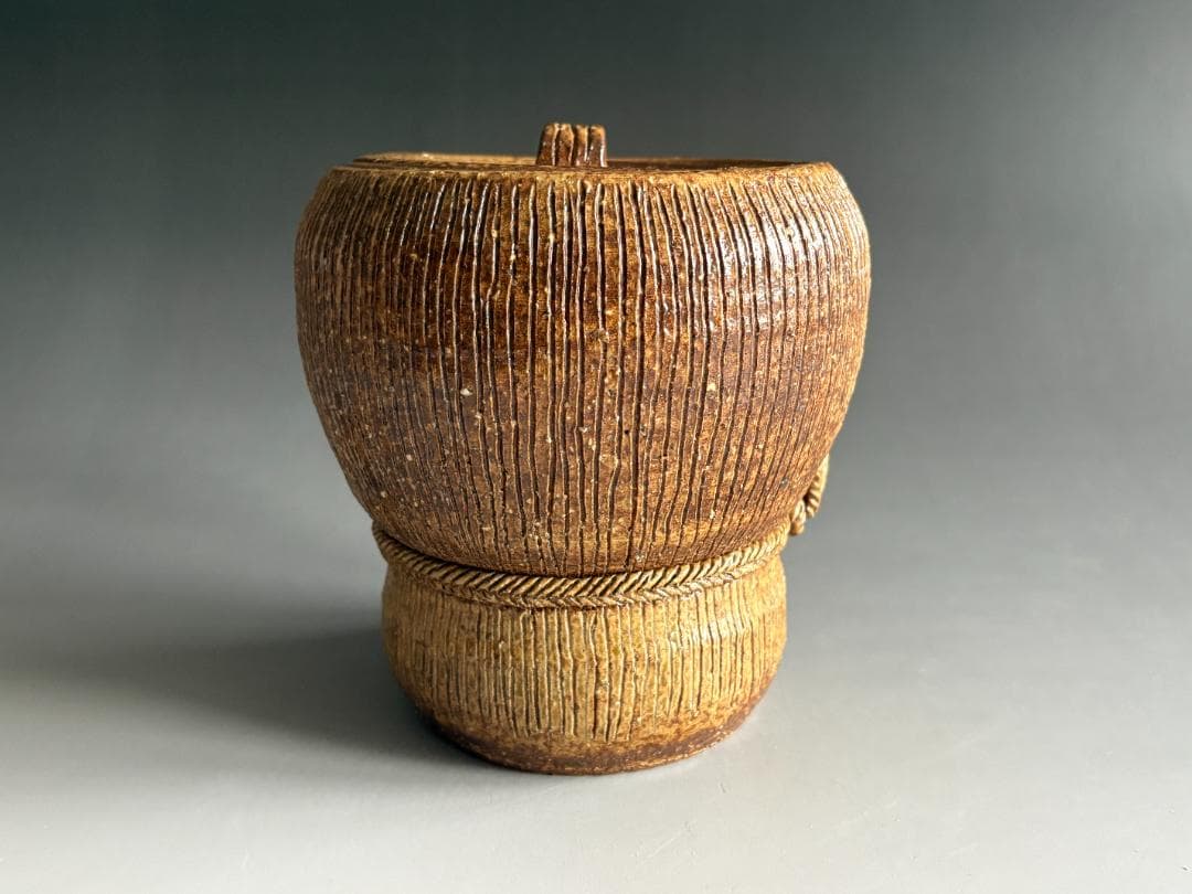 瑞穂釜　楽斎作　結び紫　箪瓢形　水指　尋牛斎書付　茶道具　表千家