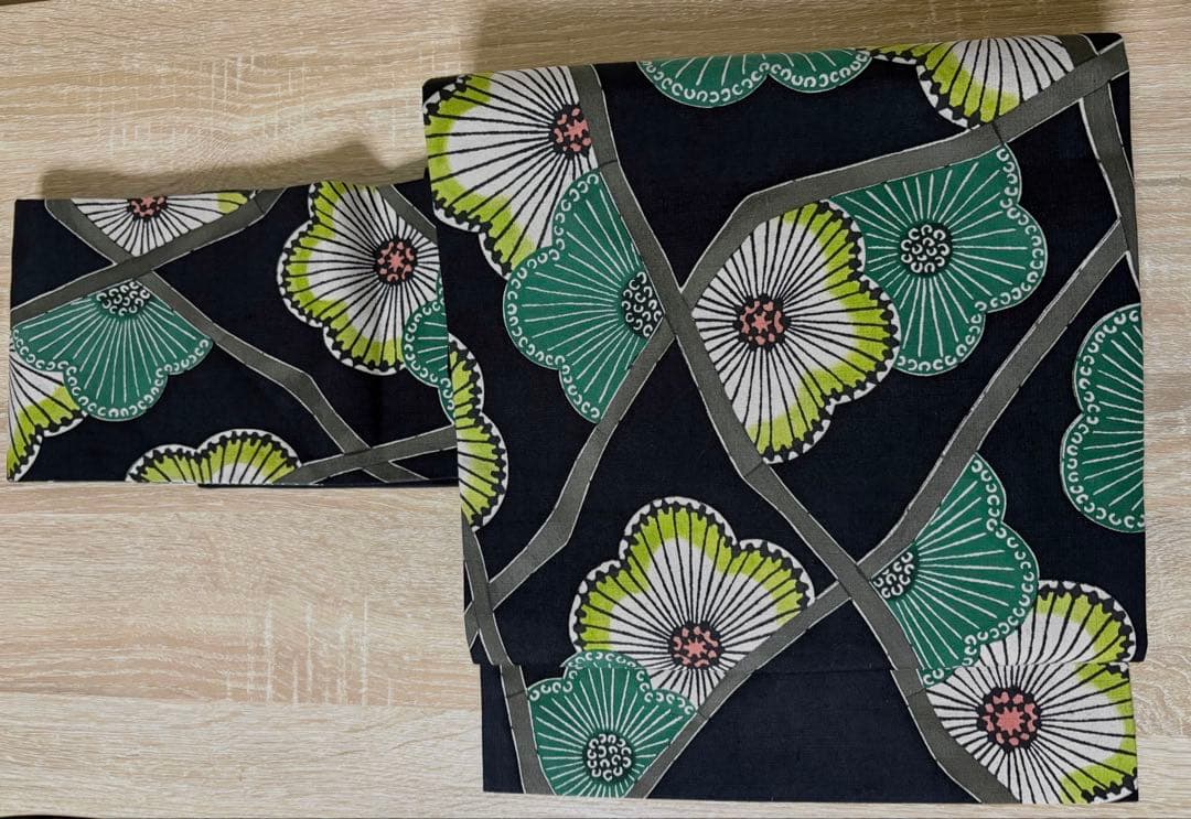 ☆★ リユース 名古屋帯 墨黒 紬地 グリーン系 梅の型染め ★☆