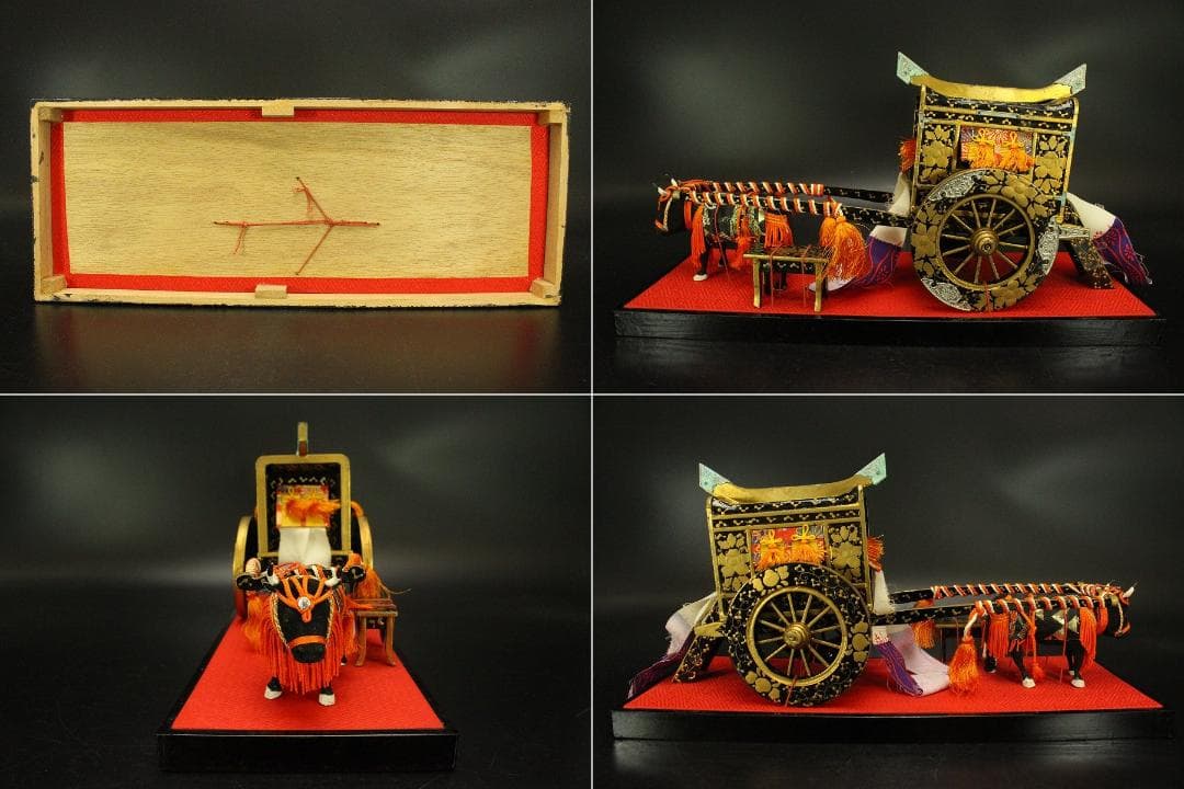 古い ミニチュア 雛道具 木製 蒔絵 牛車 駕籠 セット(ZE360)