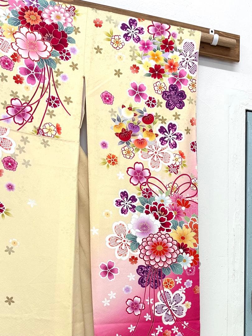 成人式　単品　1140 薄黄色&ピンク　正絹　振袖　格安！