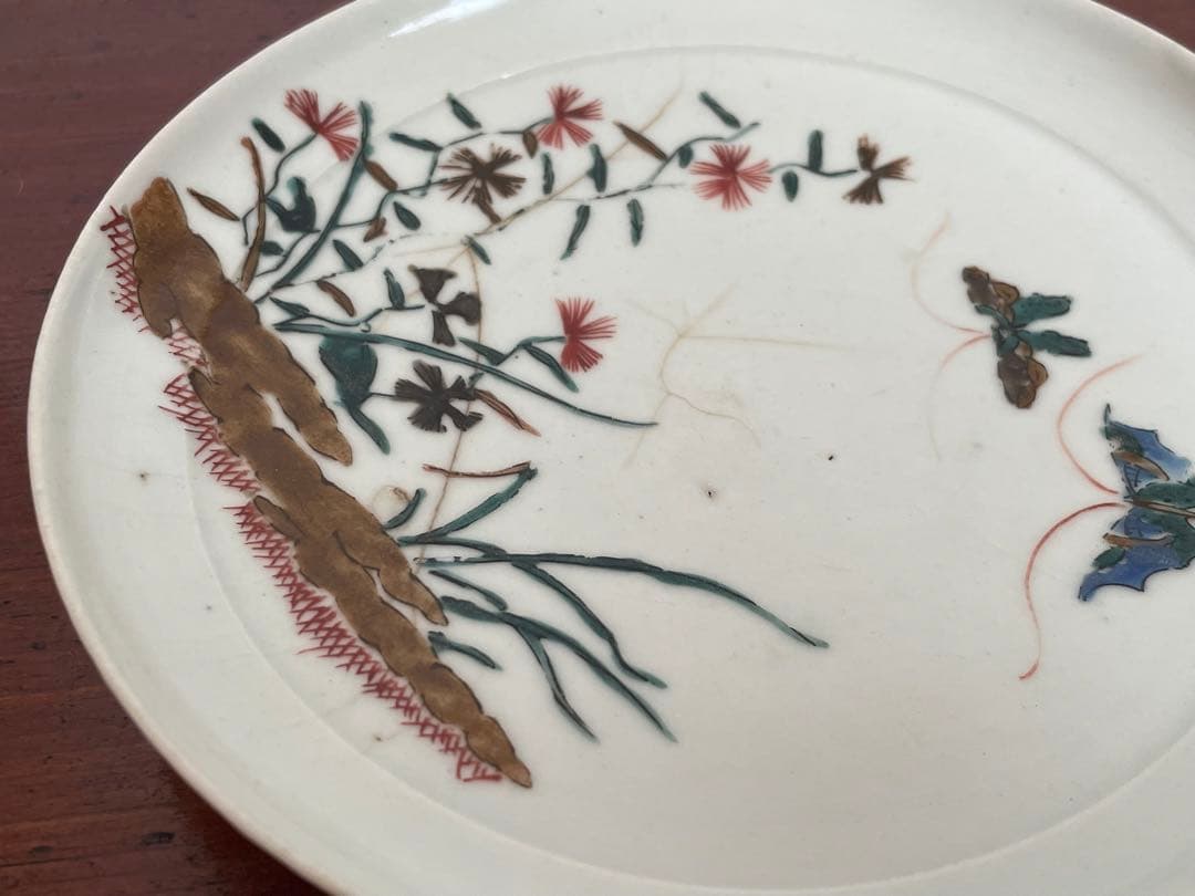#1 骨董　アンティーク　色絵古九谷　撫子蝶々図　丸皿　五寸皿　角福　初期伊万里