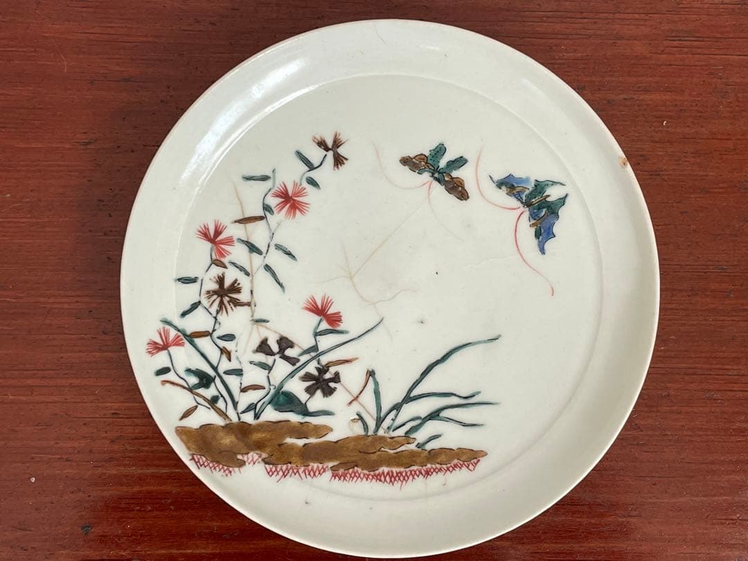 #1 骨董　アンティーク　色絵古九谷　撫子蝶々図　丸皿　五寸皿　角福　初期伊万里