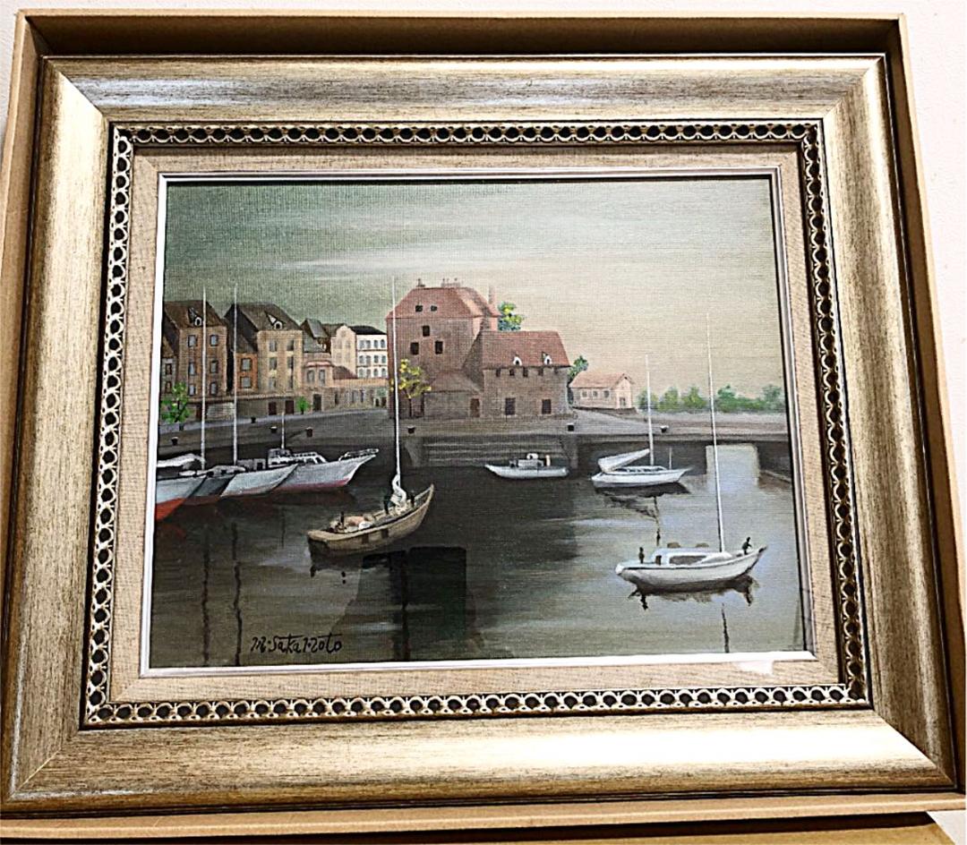 港の風景画　油絵 肉筆　坂本 光男画　 サイン入り