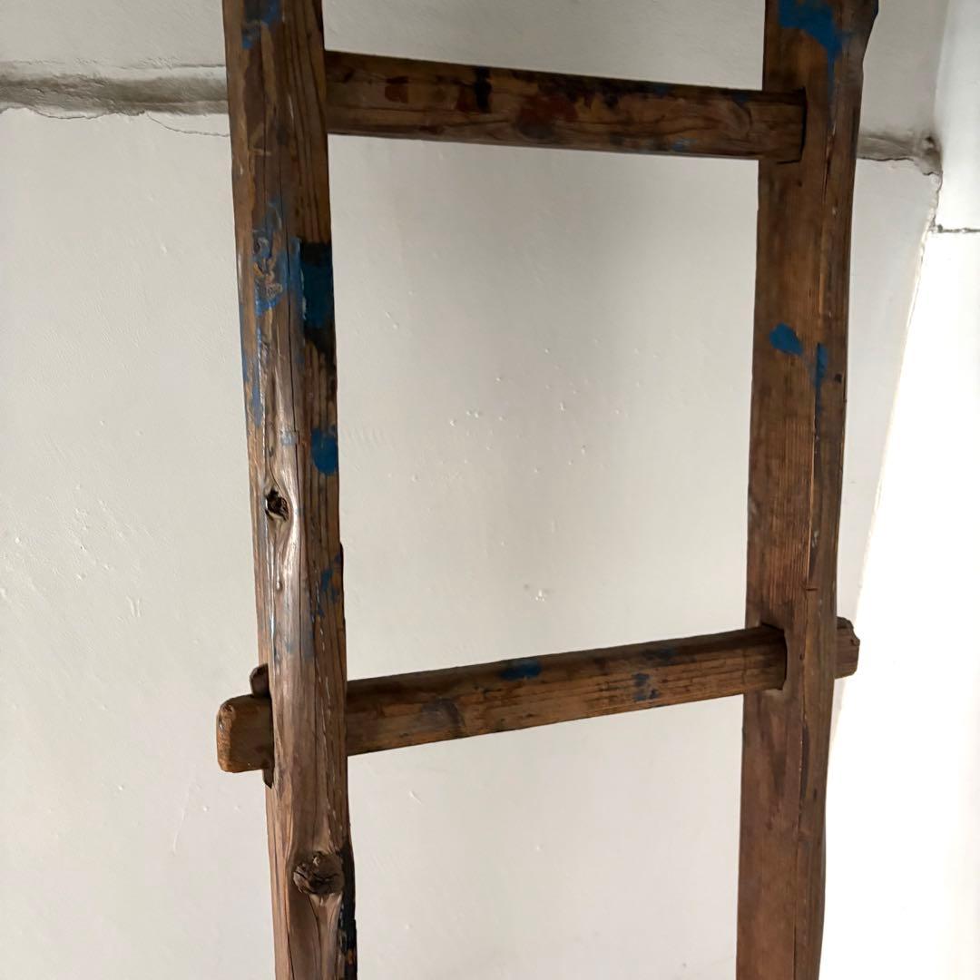 引き取り限定 昭和 レトロ 木製 古い長い梯子 ハシゴ グリーン ハンギング