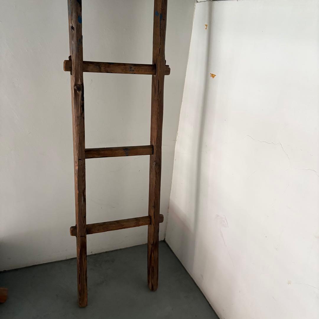 引き取り限定 昭和 レトロ 木製 古い長い梯子 ハシゴ グリーン ハンギング