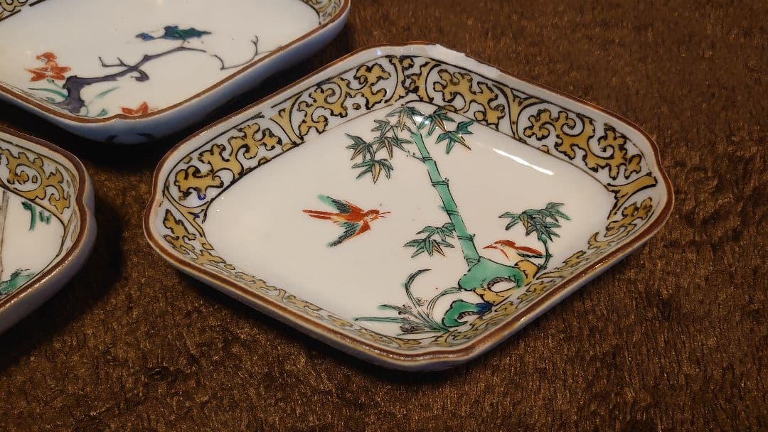 古九谷　九谷焼　色絵　菱形皿　蔵出し　３種　３客