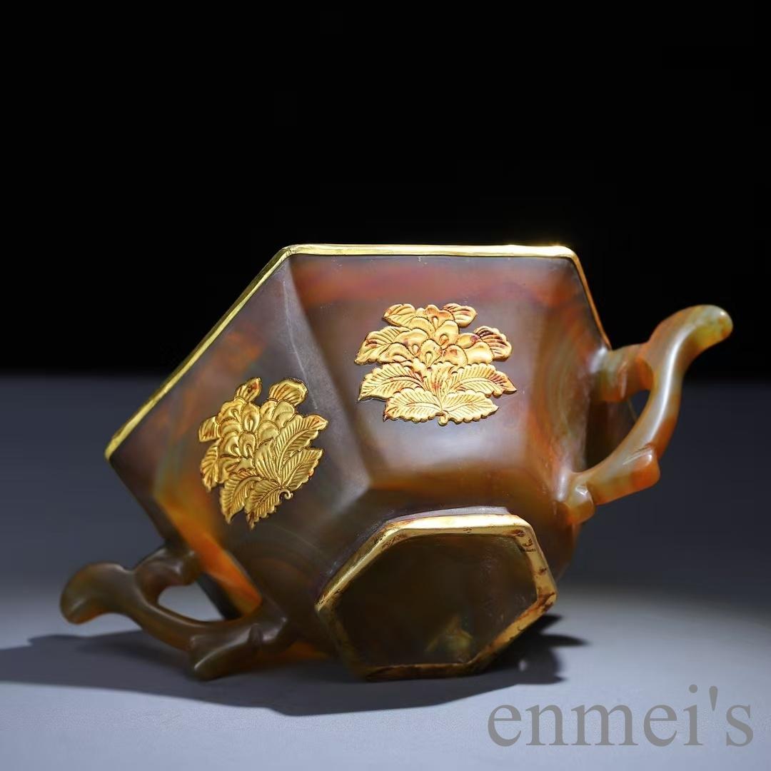 中国古美術 天然瑪瑙嵌 銅製菓子碗 供物器 描金 茶道具 古置物 古賞物 古擺件