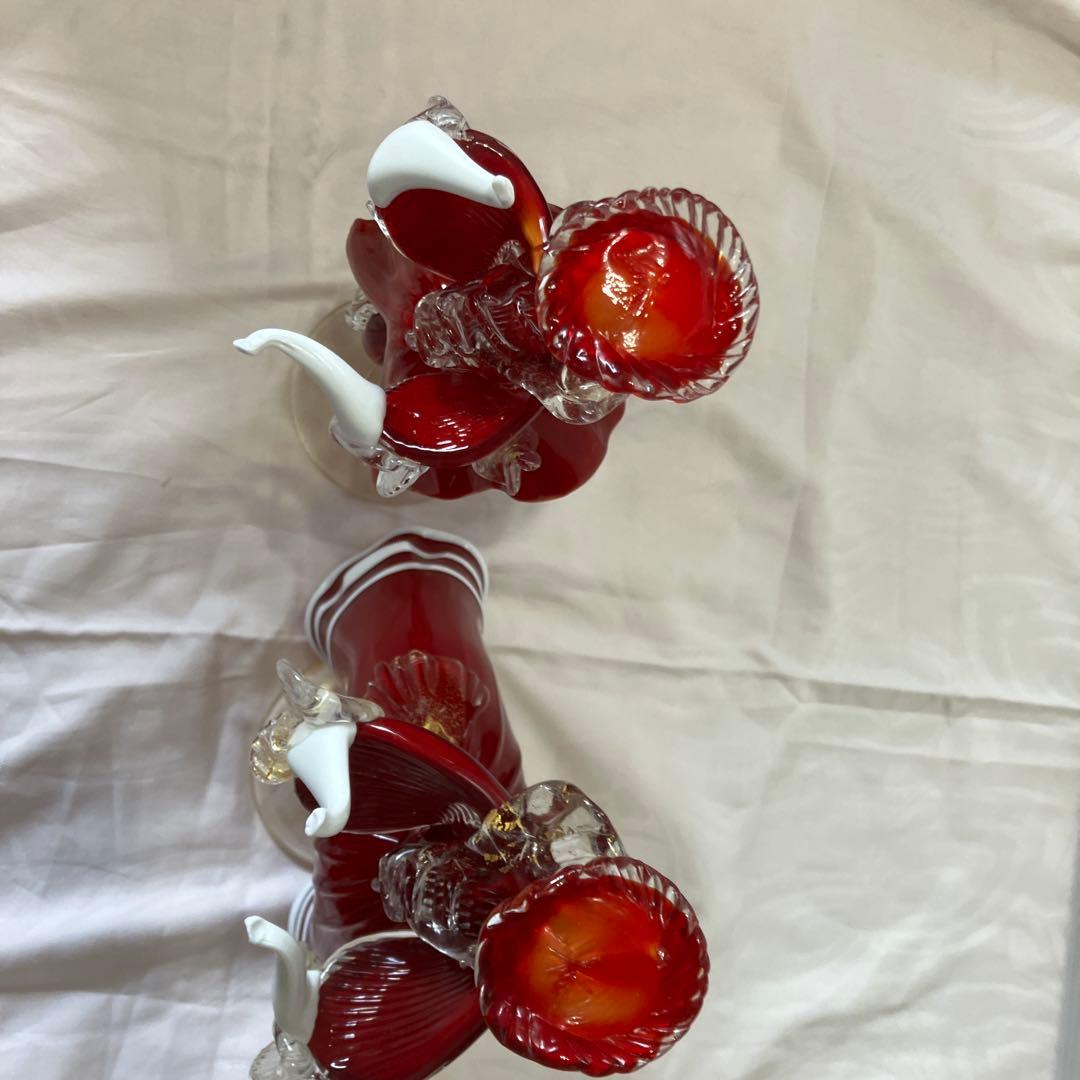 ベネチアンガラス美術品工芸品ムラーノガラスペア人形赤金彩