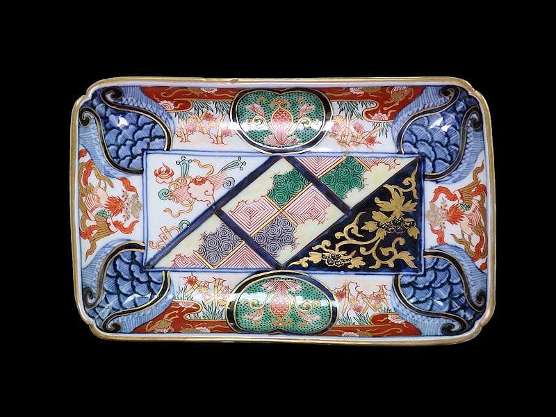 大聖寺伊万里　金襴手　宝尽くしに鳳凰　石畳紋の図　長皿　1296AS-DCn