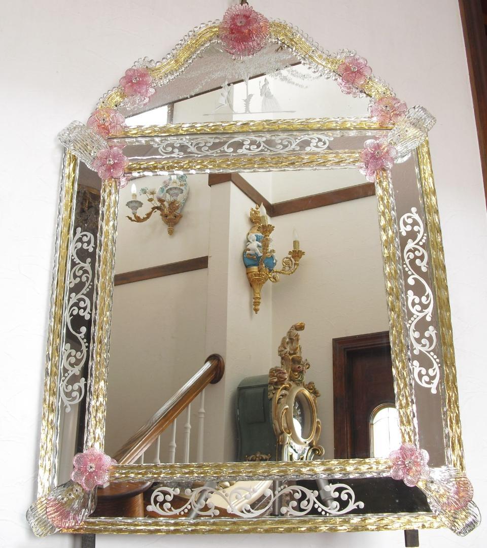 希少☆イタリア製☆ ベネチアンムラノガラス ミラー☆大型壁掛け鏡☆52×75cm