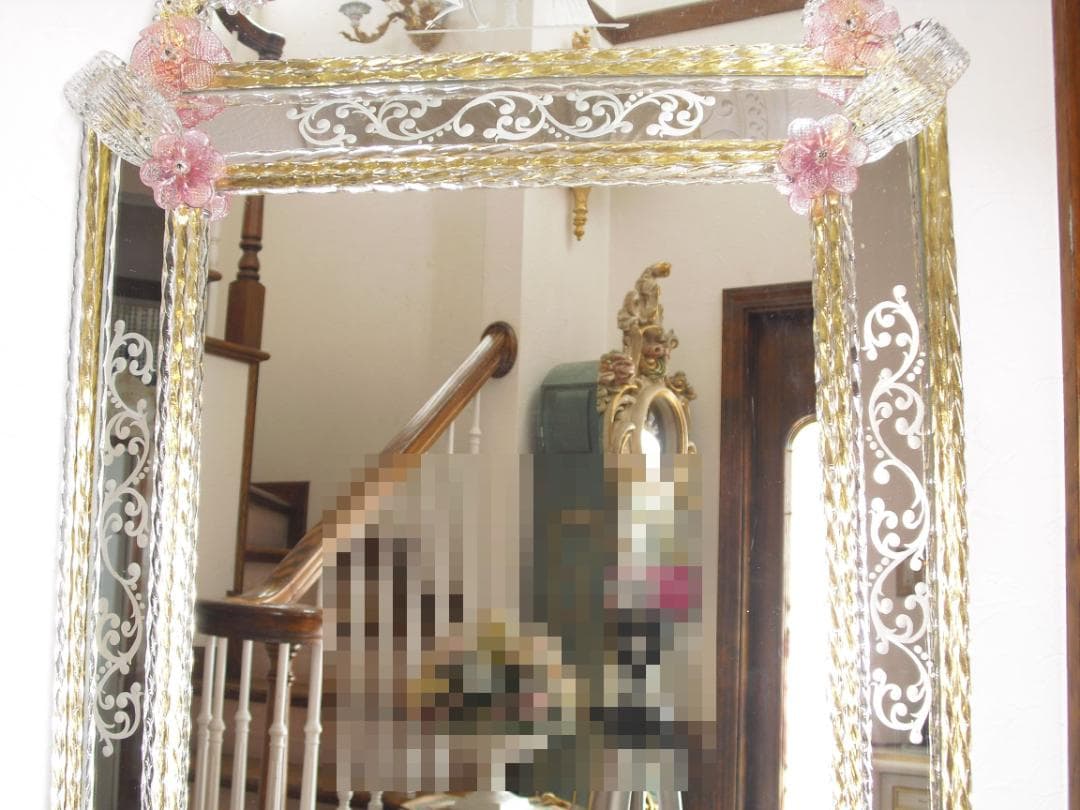 希少☆イタリア製☆ ベネチアンムラノガラス ミラー☆大型壁掛け鏡☆52×75cm