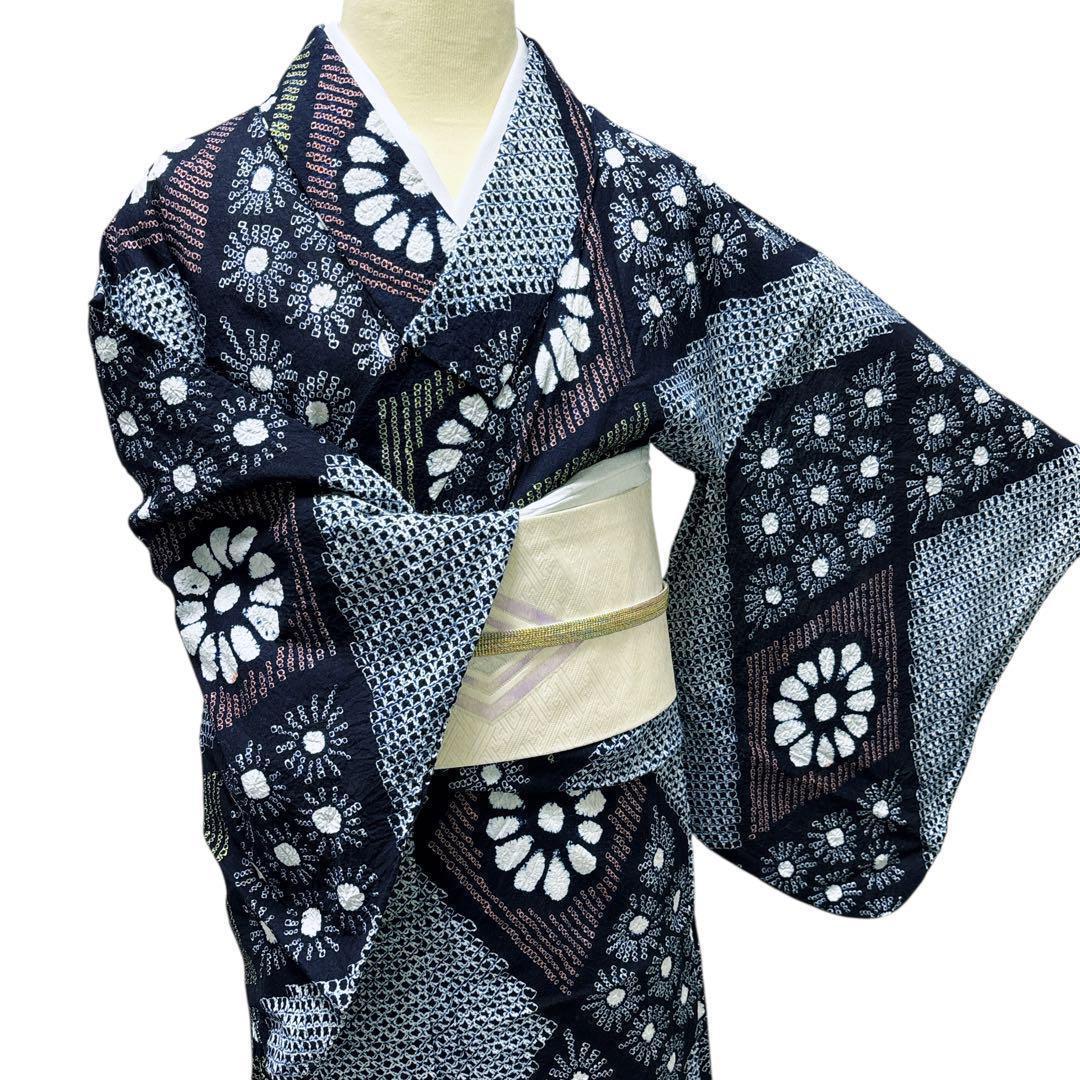 A67有松鳴海絞り 高級浴衣 花 綿　単衣