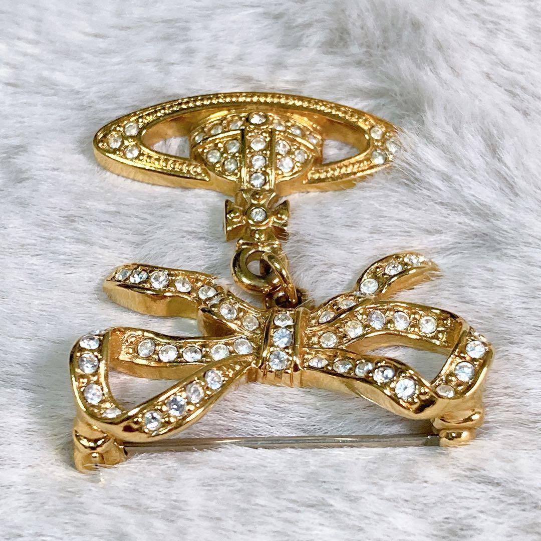 【美品】レア ヴィヴィアンウエストウッド オーブ リボン ブローチ ゴールド