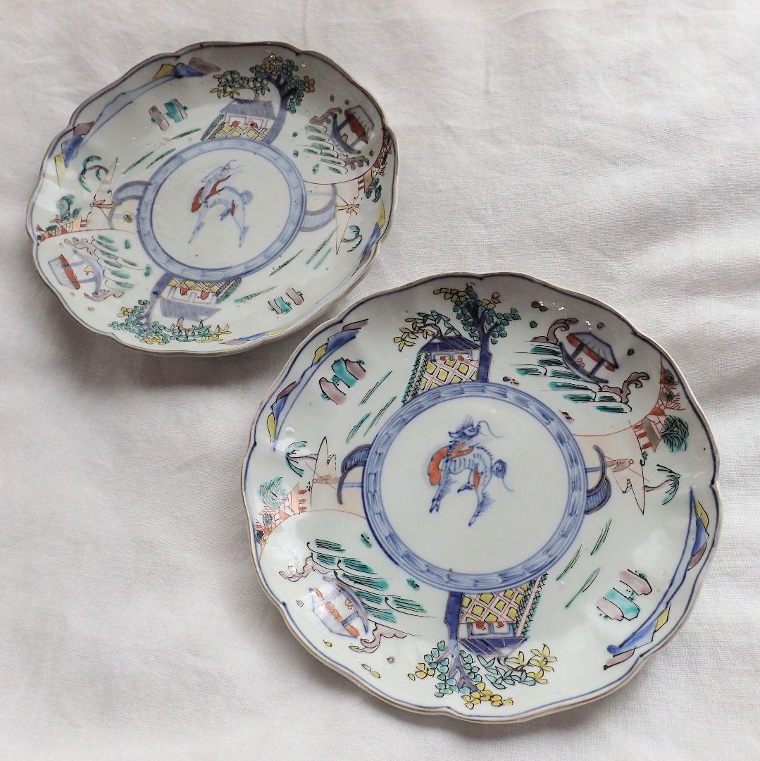 明治　骨董　輪花　リンカ　麒麟　キリン　絵 皿　2枚