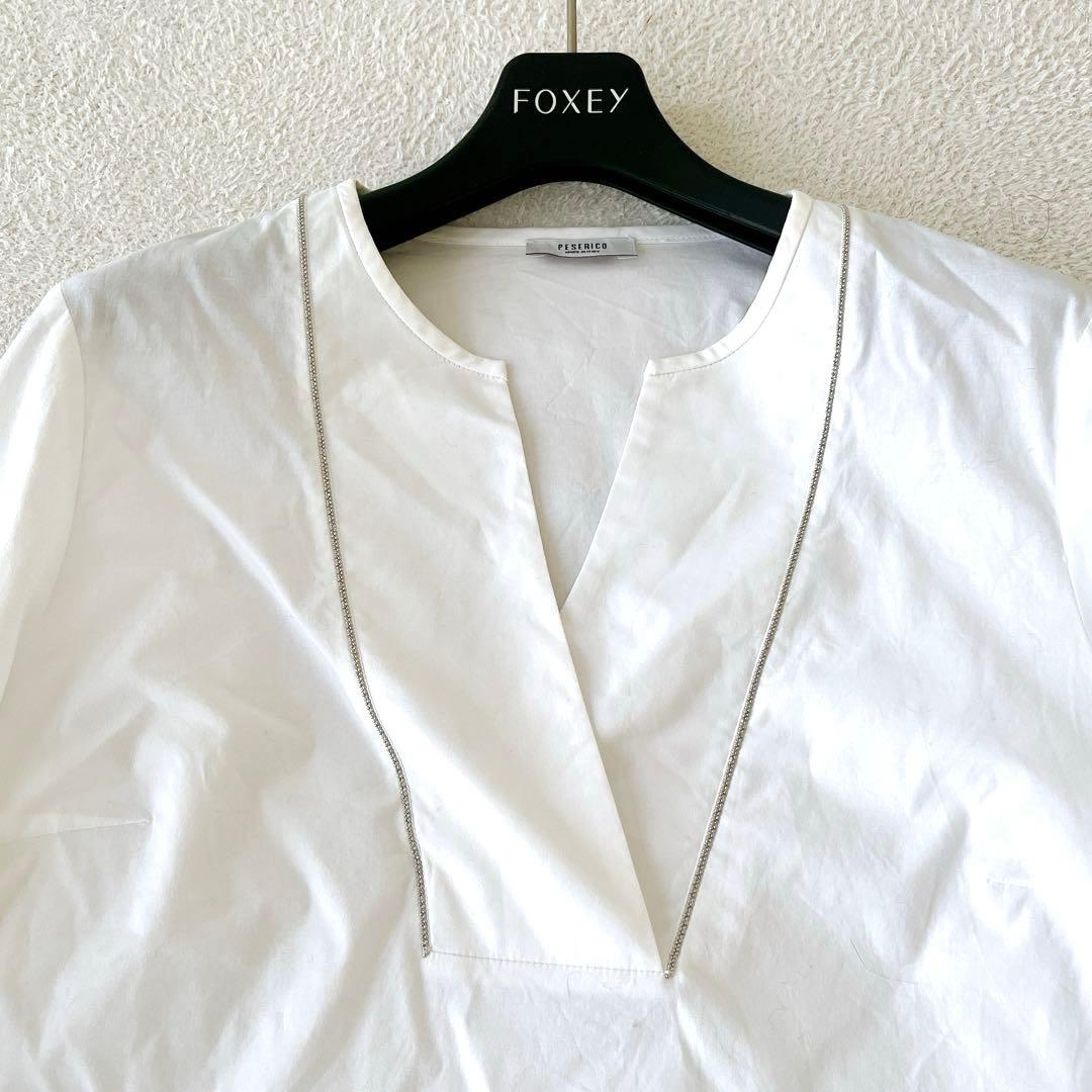 ★PESERICO★コットン 装飾キーネックストレッチブラウスプルオーバー 38
