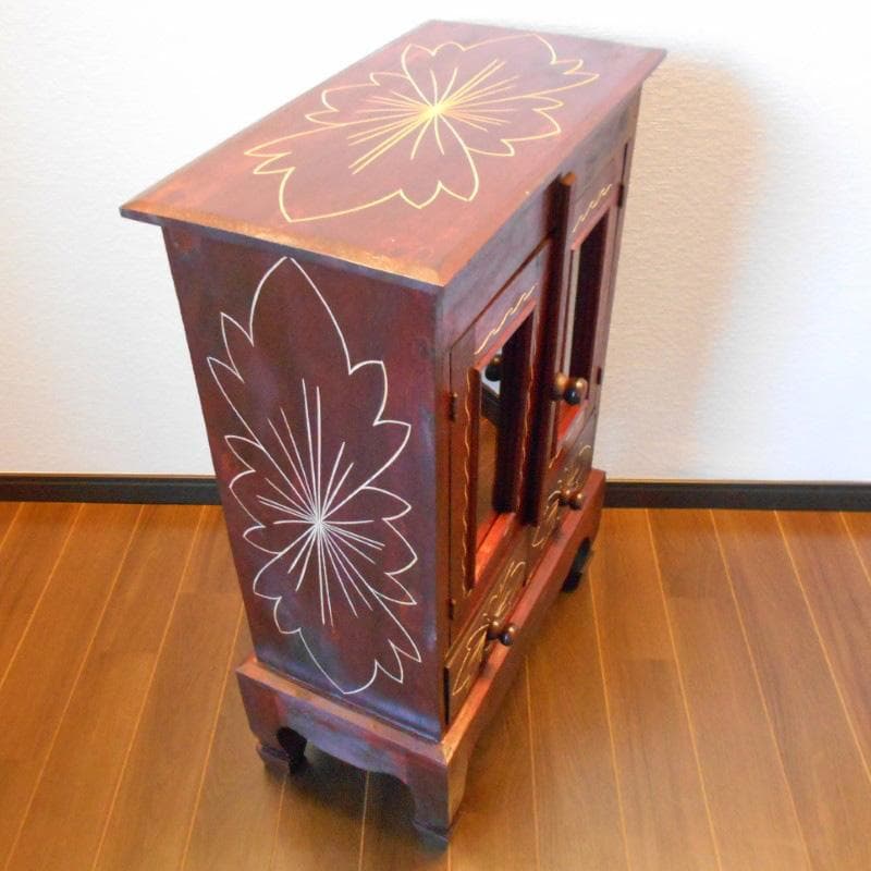 アウトレット品 花柄模様 猫足 キャビネット お祈りかえる付き♪ 完成品家具