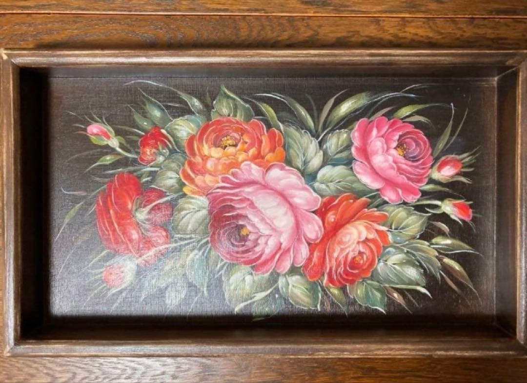 ロシア雑貨☆Rose木製トレイ薔薇 ジョストボ柄 マトリョーシカ ガリーナ作