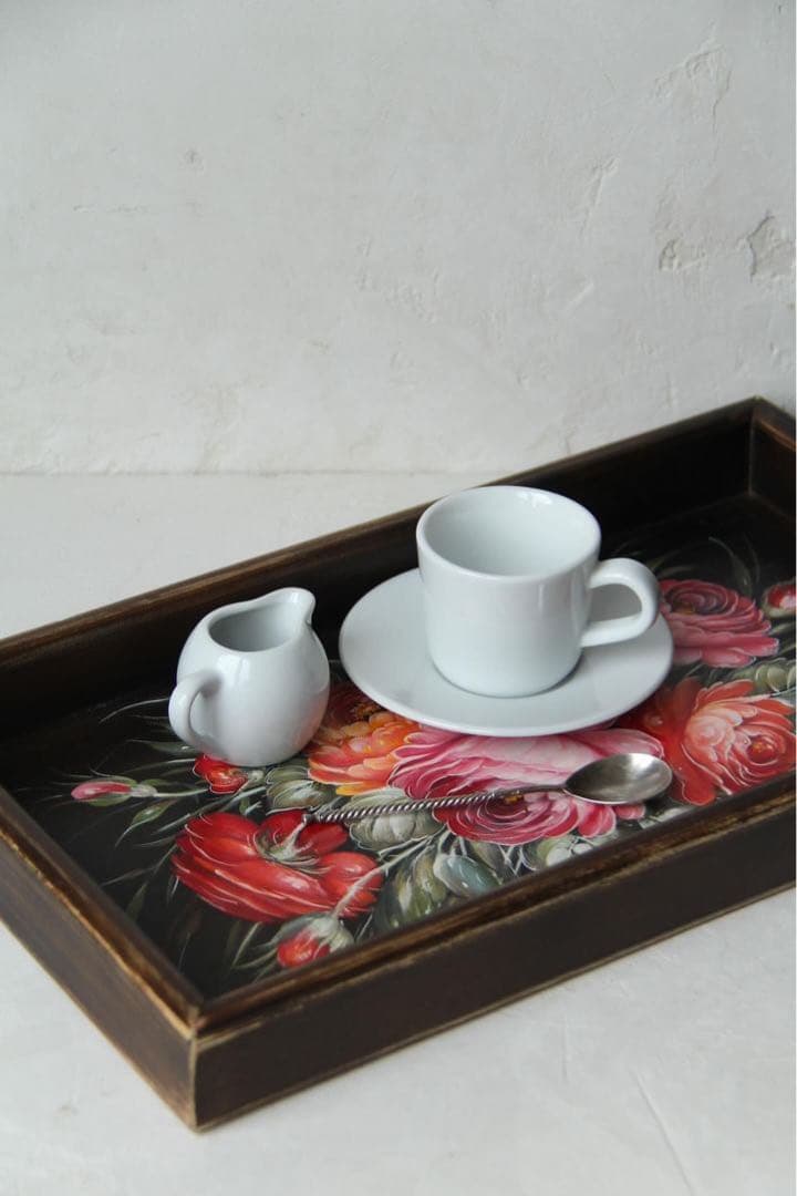 ロシア雑貨☆Rose木製トレイ薔薇 ジョストボ柄 マトリョーシカ ガリーナ作