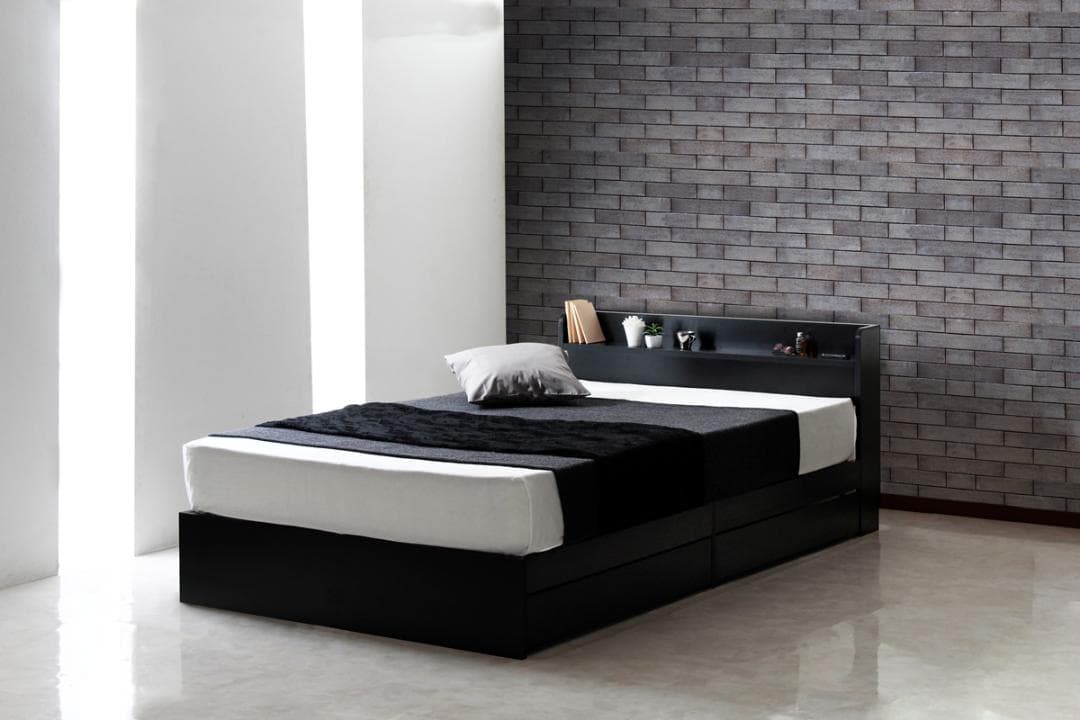 【ダブル　ブラック】シンプルで多機能なベッド〈フレームのみ　マットレス無〉