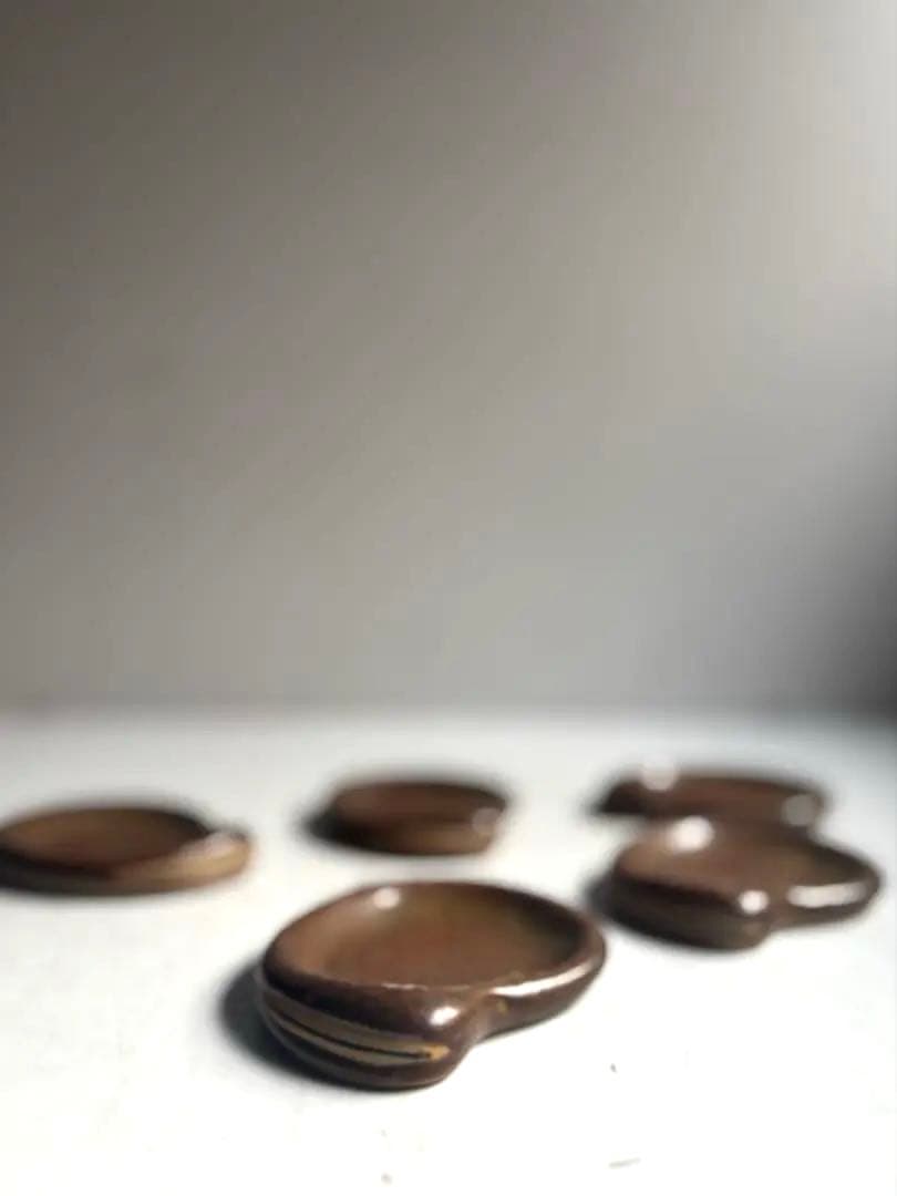 813 民芸 備前焼 作家作品 銘有 ヴィンテージ 豆皿 そら豆型小皿 5枚組