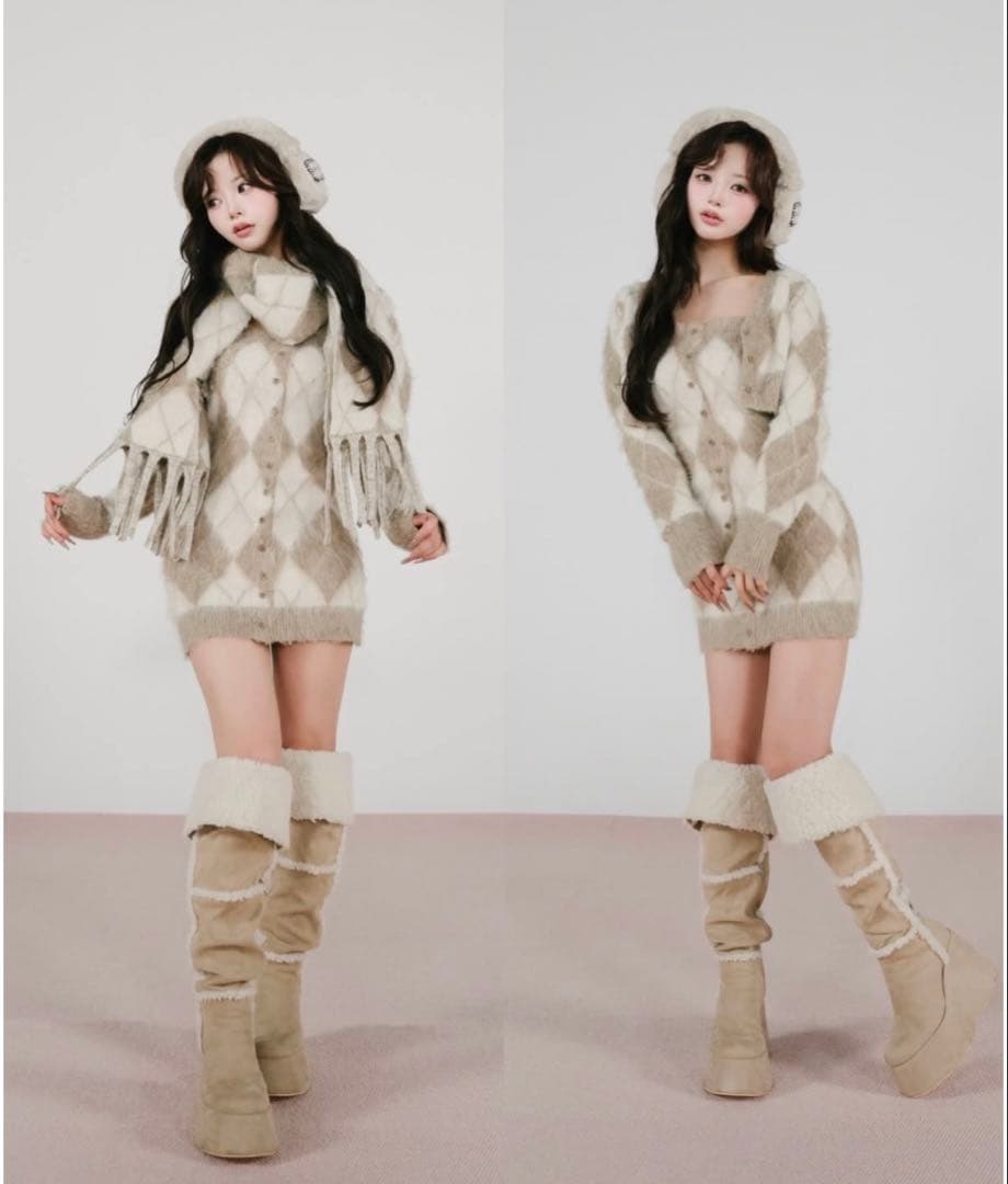 Darich アーガイルニットアンサンブル BEG free