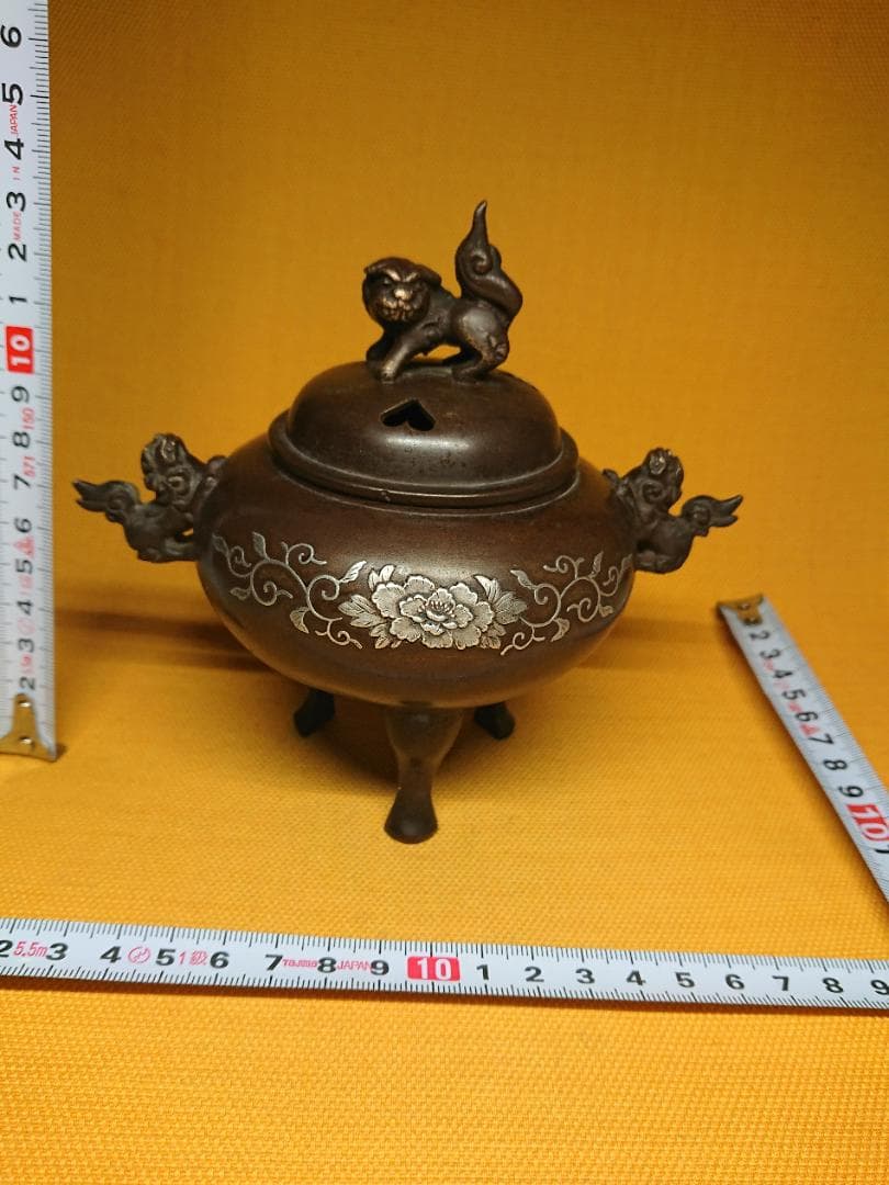 香炉　古玩　古銅　骨董　銀象嵌　置物　インテリア　工芸品　美術品　A3365