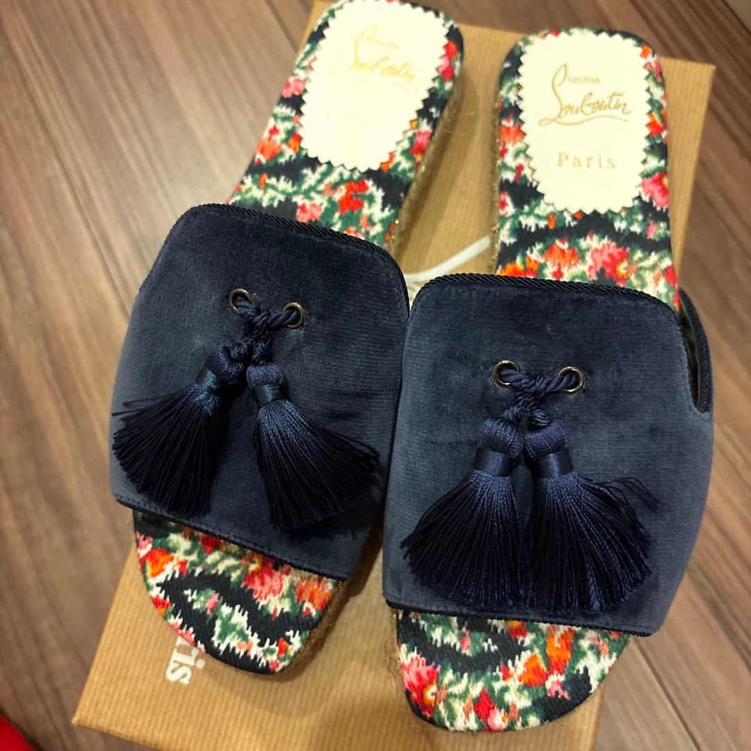美品クリスチャンルブタン　エスパドリーユ　スライド　サンダル　タッセル　ベロア
