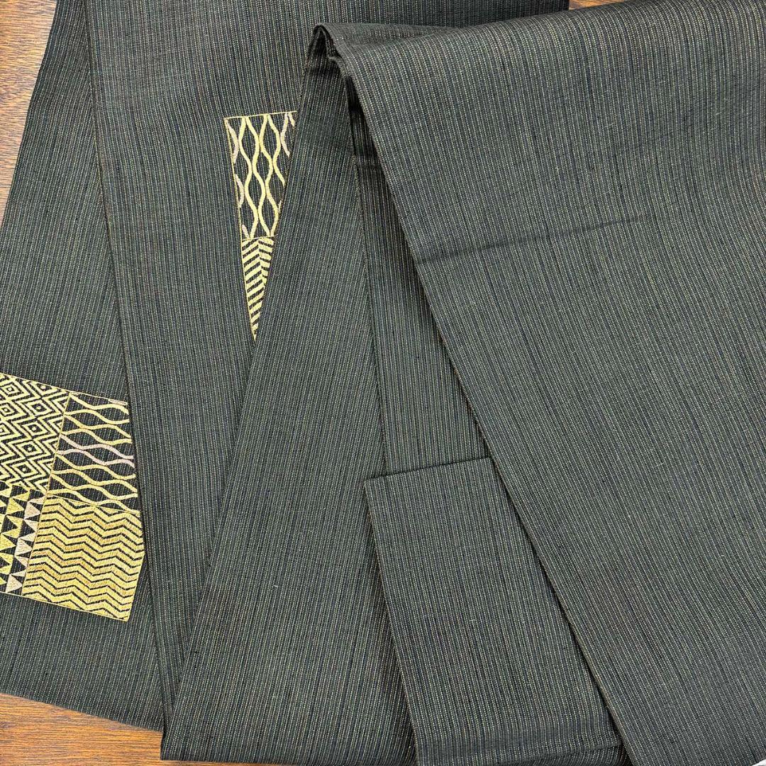 きものヱビス■ 帯 京都 名門 西陣 勝山織物 かつやま 手織り 正絹 紬 黒地