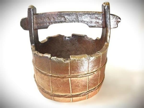 備前焼 佐藤苔助 手桶花入 焼き締 逸品 共布 共箱