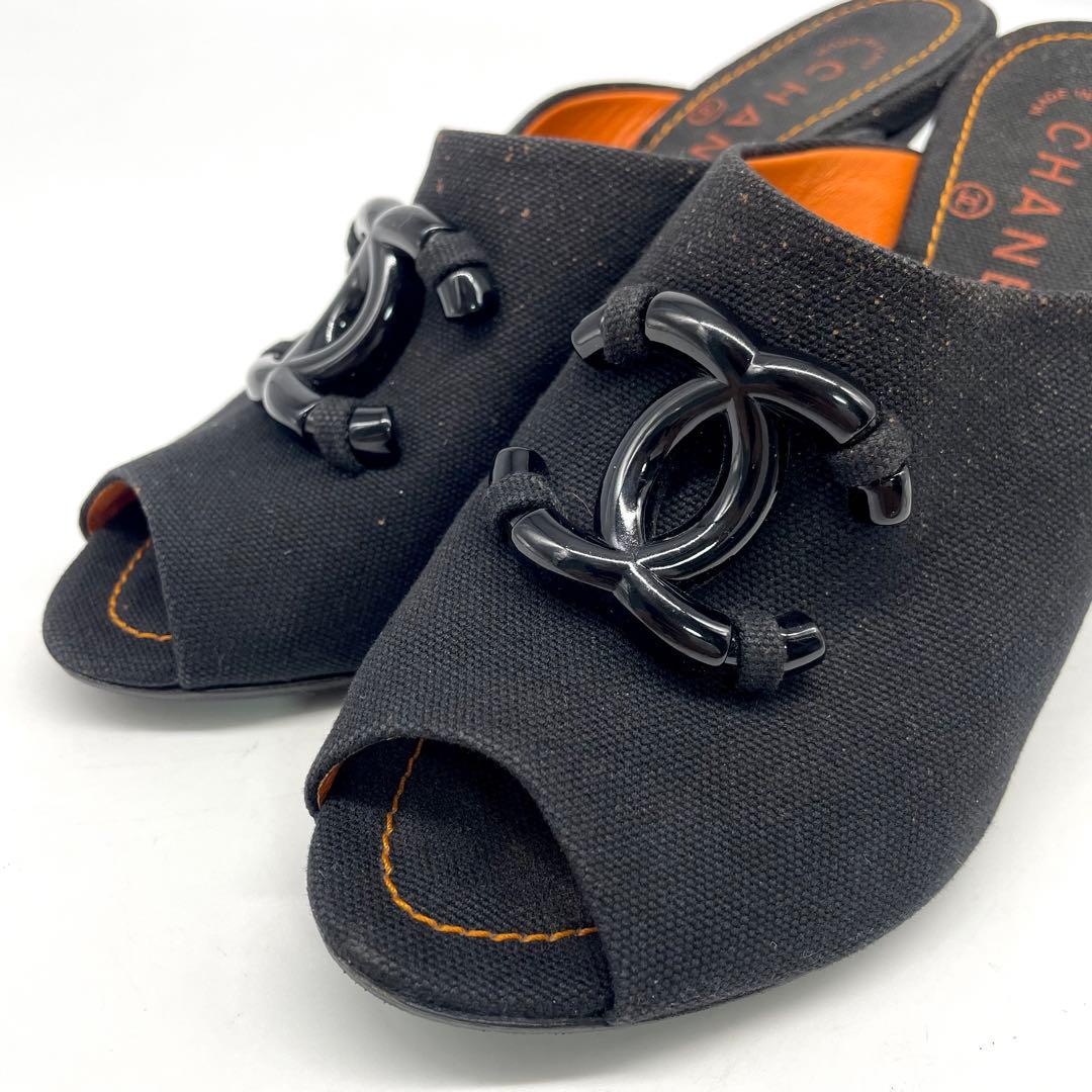 シャネル サンダル ミュール ココマーク キャンバス ブラック オレンジ 24㎝