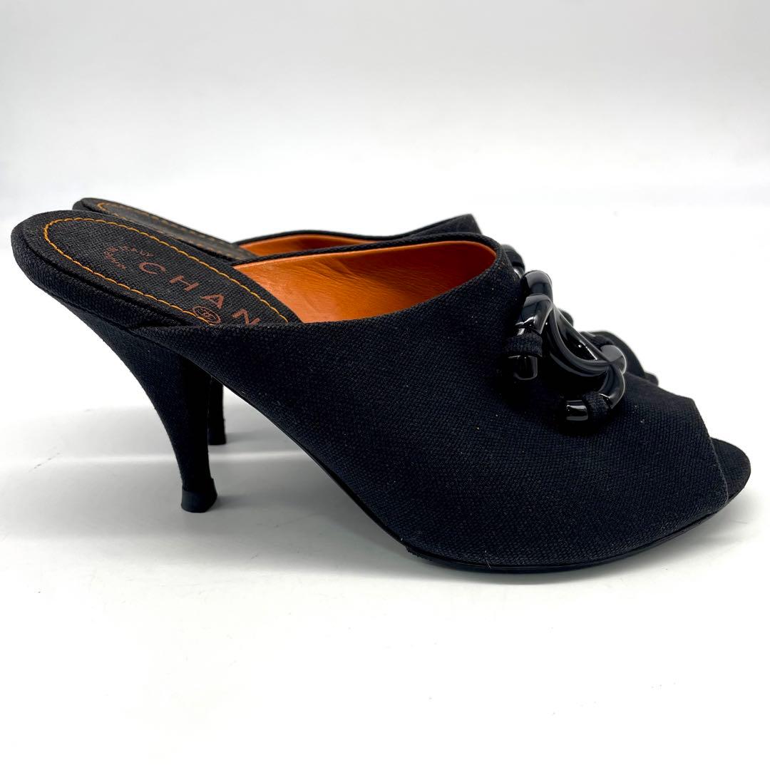 シャネル サンダル ミュール ココマーク キャンバス ブラック オレンジ 24㎝