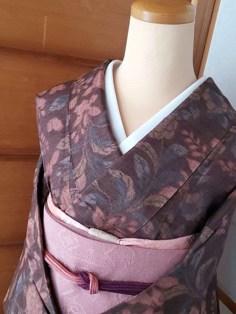 【スモールサイズ＊】辻が花の紬　茶色　ピンク　正絹　特価☆